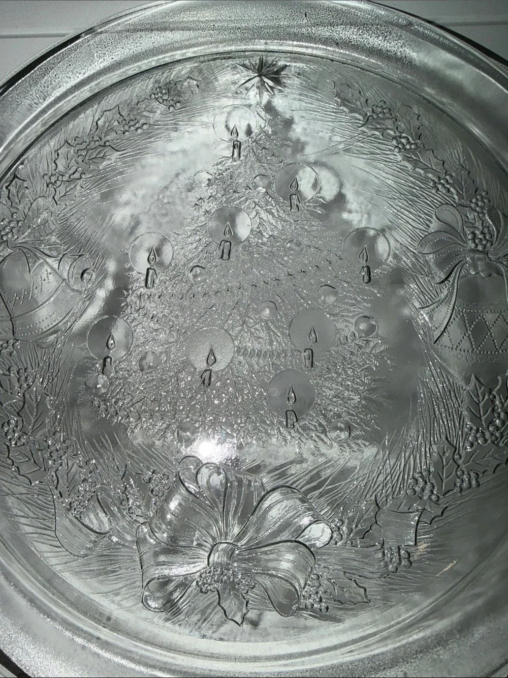 Clear Glass Holiday Vintage Serving Platter with Embossed Christmas Tree Design